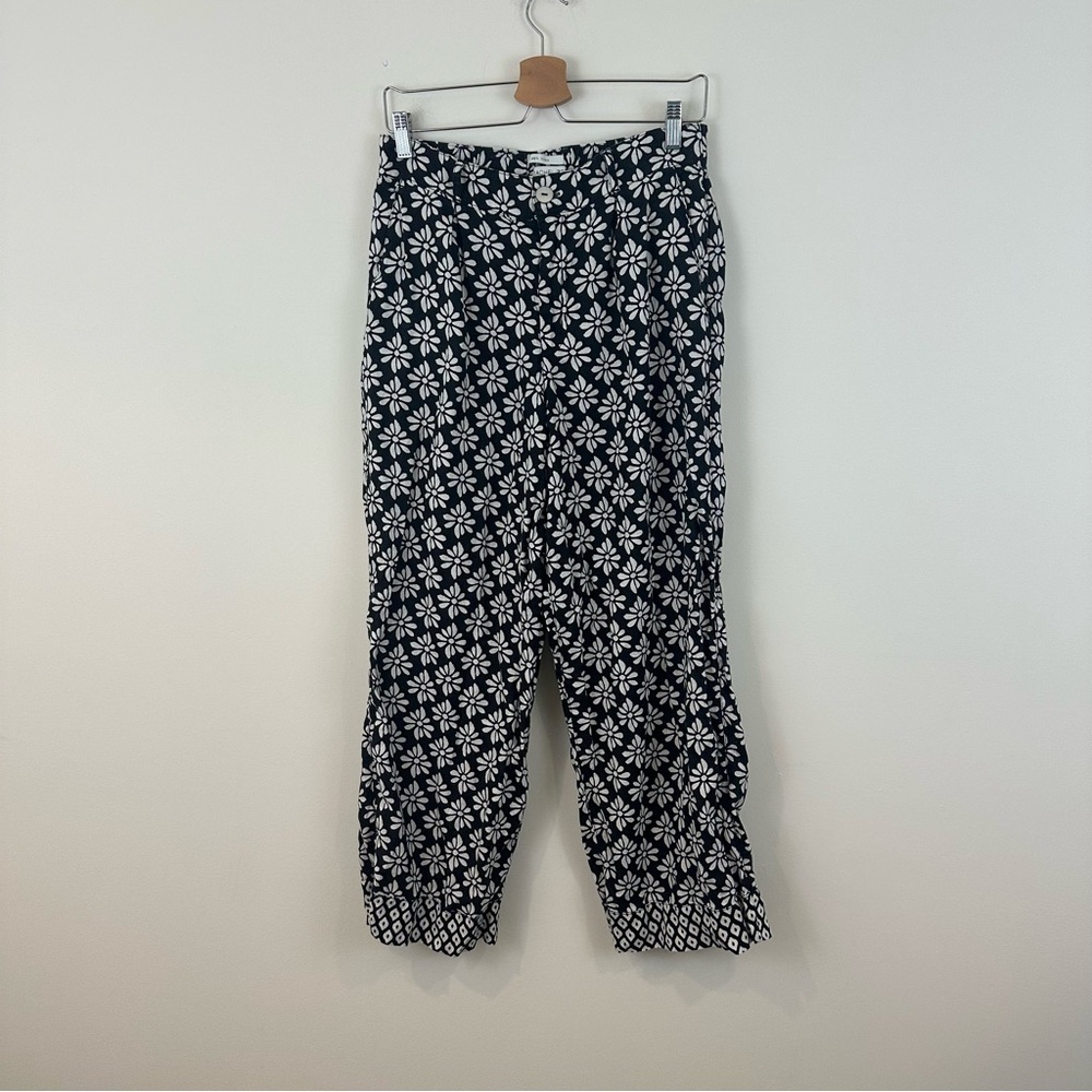 Rachel Zoe Black Floral 100% Linen Wide Leg Pants Size Medium